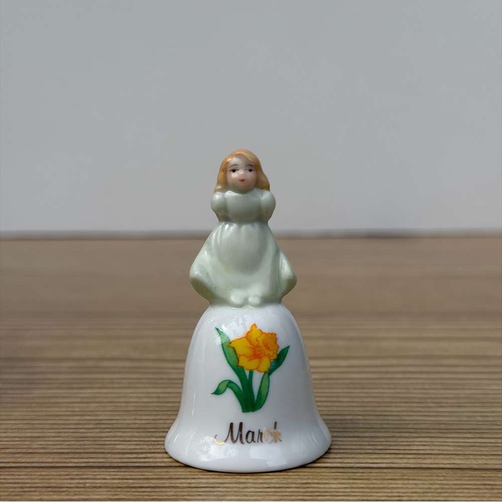 Vtg March Birthday Girl Miniature Bell Russ Berrie and Co. Monthly Bell Daffodil